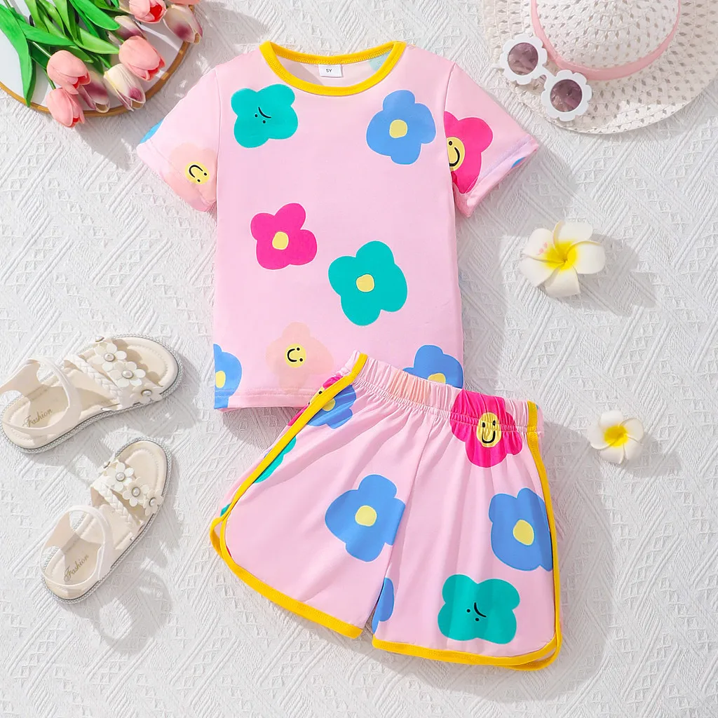 New Girl Set Kids Clothes Summer Tshirt + Shorts 2Pcs Cute Children Suit Floral Fashion Casual Girls Outfit 3 4 5 6 7 Years Old