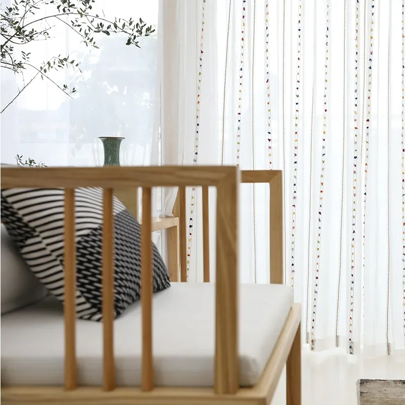 Colorful Striped White Tulle Curtains for Living Room Bedroom Modern Sheer Curtain Drape Window