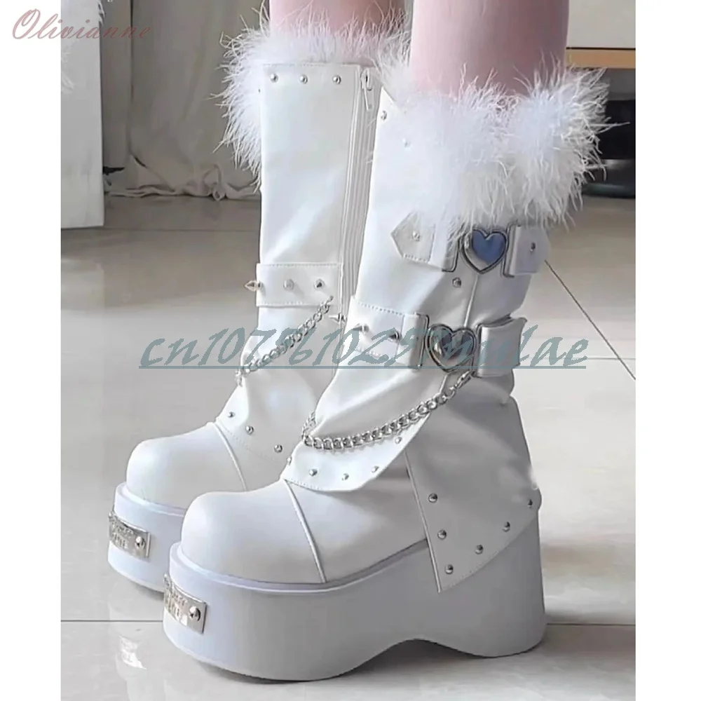 

Белые металлические ботинки до середины икры с декором из меха, на толстой платформе, с заклепками, модные женские туфли 2026 Zapatos Para Mujere