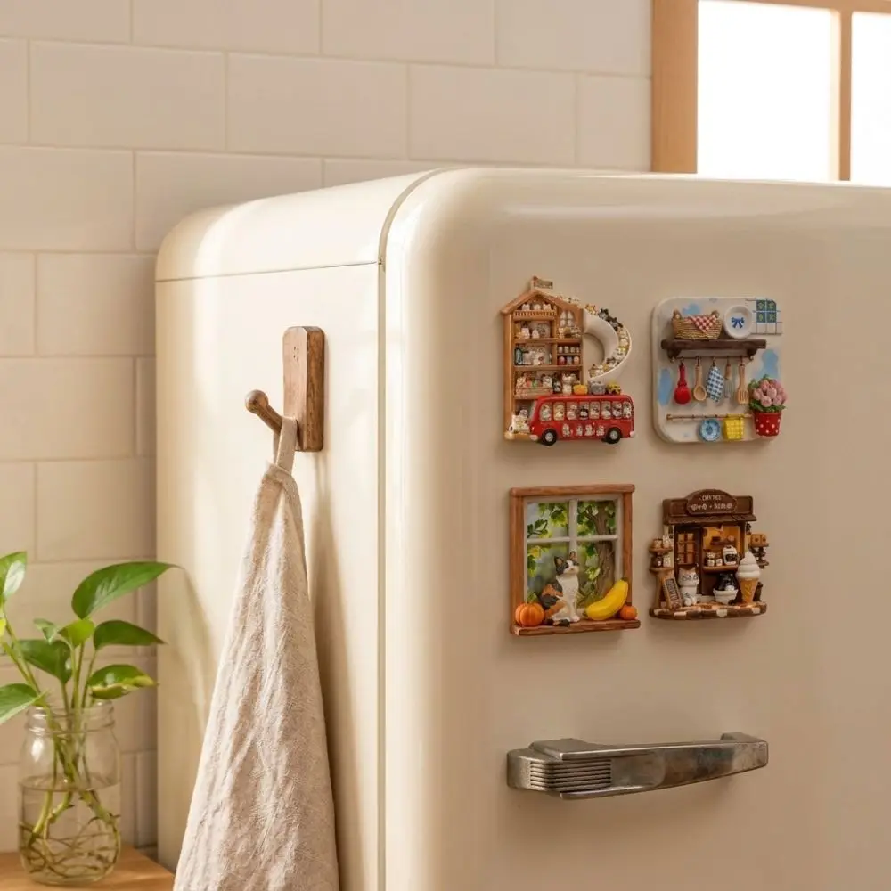 Resin 3D Embossed Refrigerator Sticker Cat Themed House Themed Home Decoration Magnets Shop Shape Ornaments Refrigerator Magnet