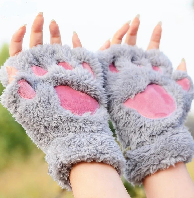 Soft Warm Plush Cat paw Gloves Fingerless Flip Half Finger Mittens Women Winter Cute Cat Paw Fluffy Velvet  Glove Girls Students