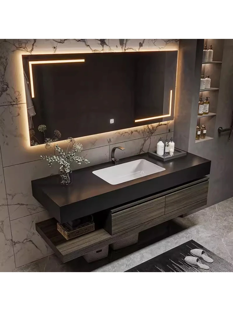 

Modern simple rock slab bathroom cabinet ceramic integrated basin washstand basin cabinet combination