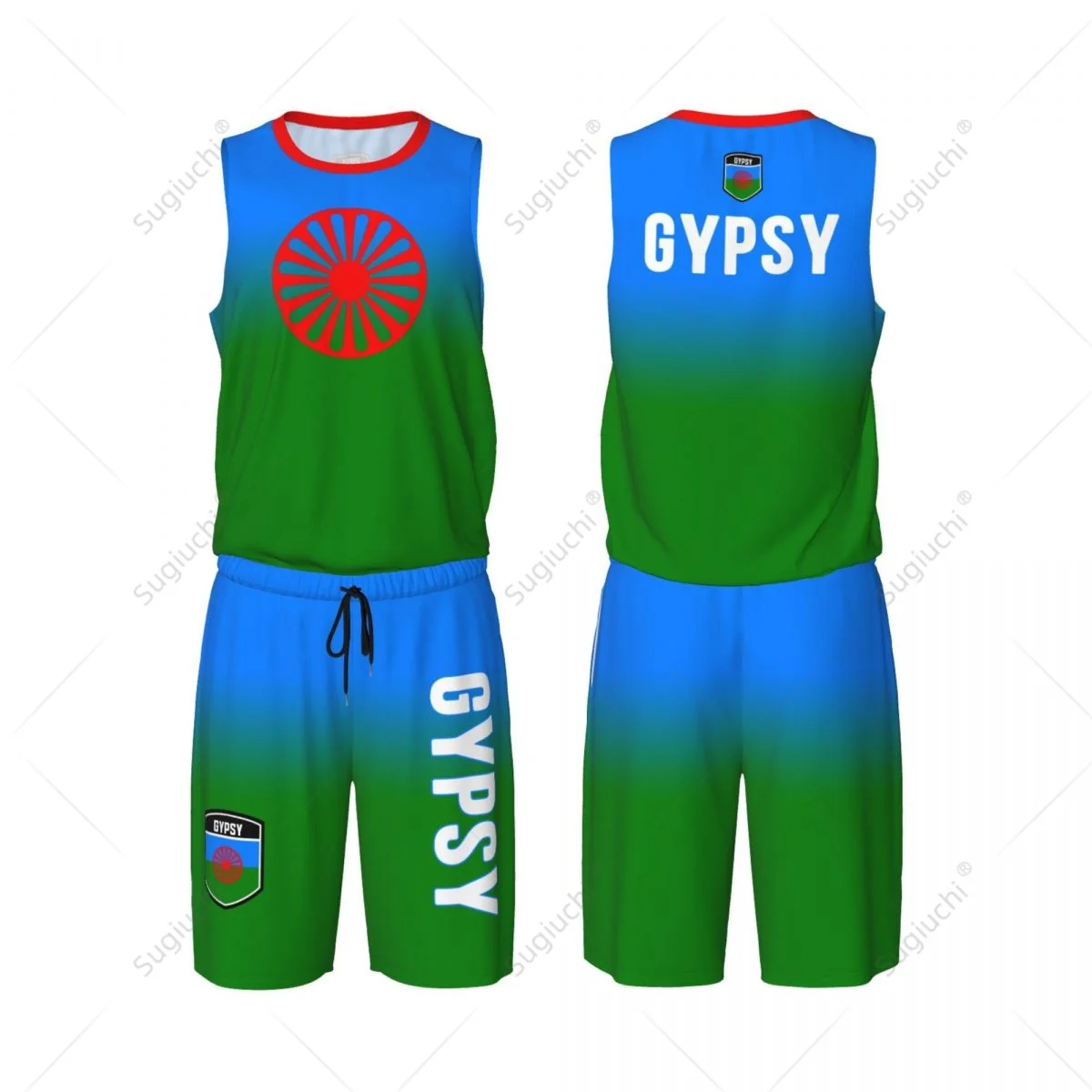 Conjunto de camiseta y pantalones de baloncesto para hombre, camiseta y pantalones de malla sin mangas, con nombre personalizado, de la bandera gitana, Unisex