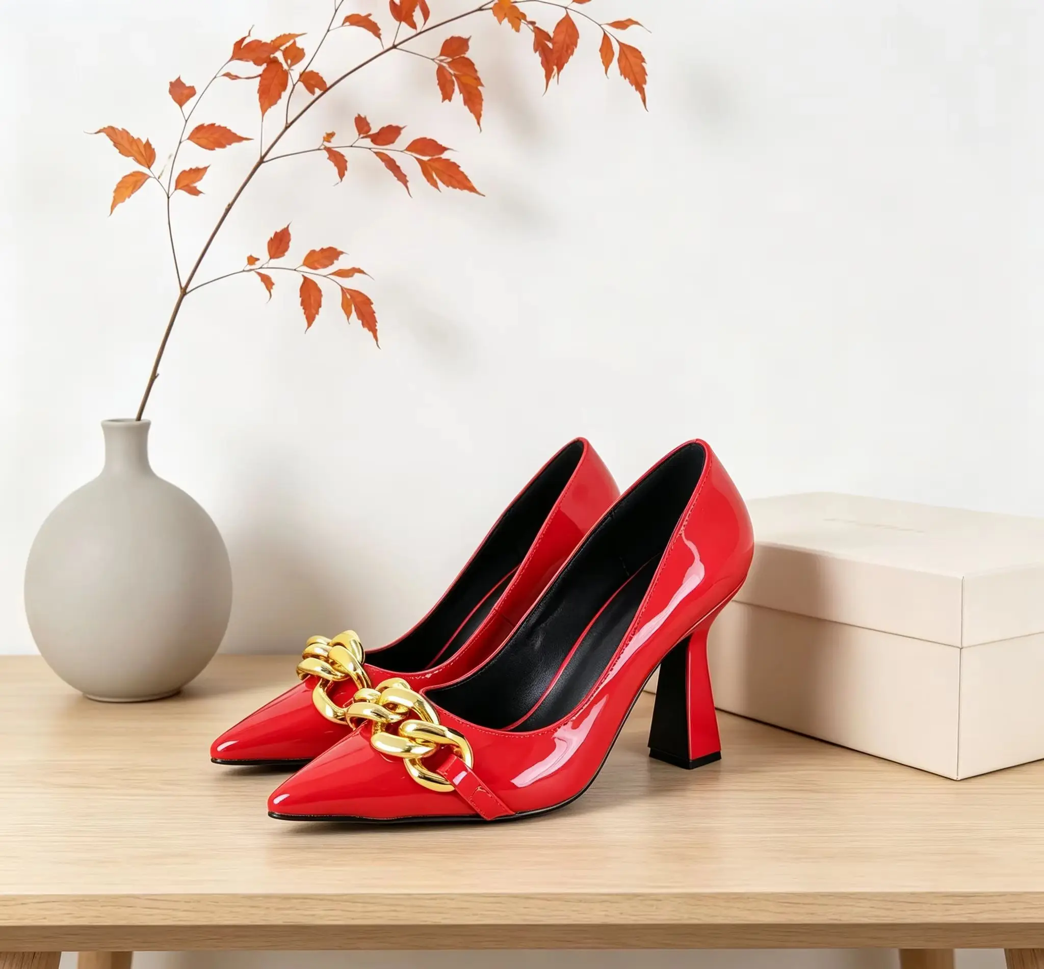Gold Chain Pointed Square Toe Pumps Sexy Block Heels Sandals Summer Dressing Fashion Patent Leather High Heels Women Shoes
