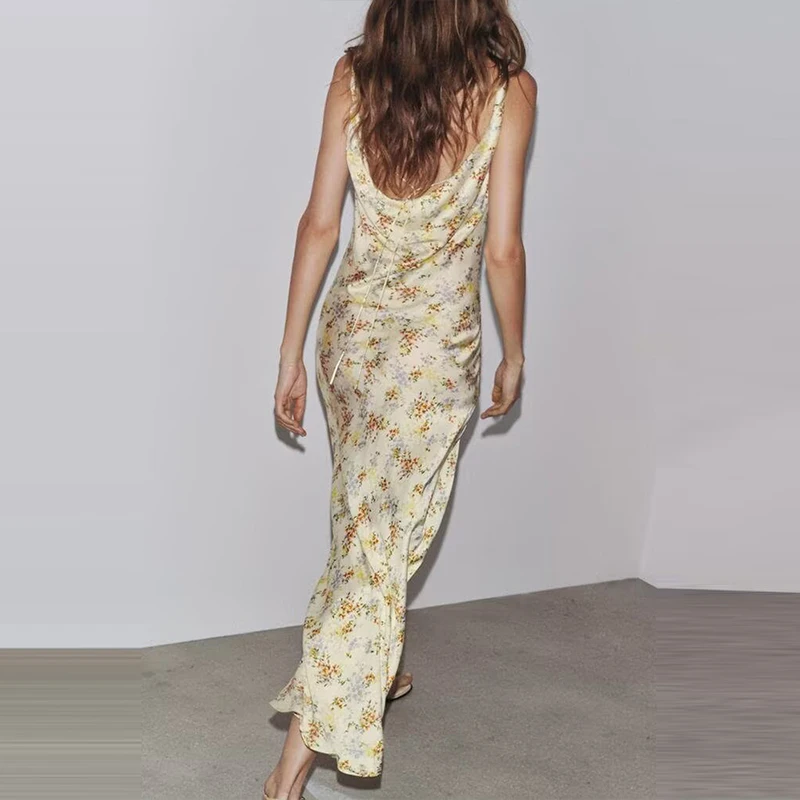 Ele Hohe Taille Blumendruck Satin Feel Damen Dr Vielseitig Sommer Neuankömmling Langes Kleid Polyesterfaser Svel