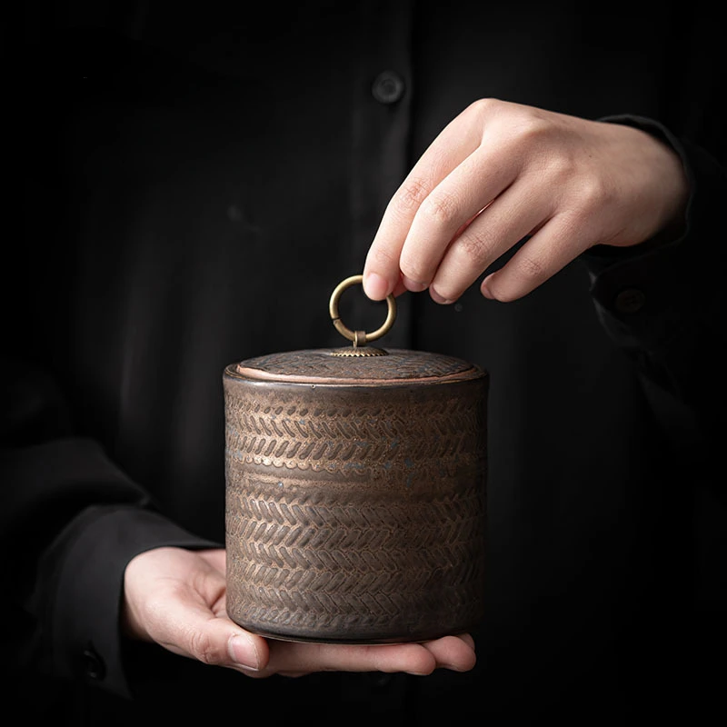 

Gilded Ceramic Storage Jar Moisture-proof Sealed Tea Pot Cylindrical Food Container Decor
