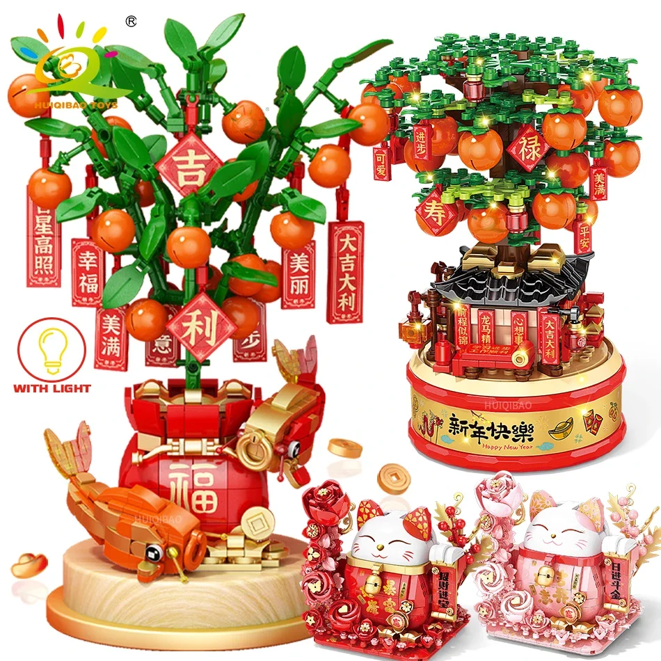 HUIQIBAO Spring Festival Orange Tree Model Building Blocks Set City Children DIY Maneki Neko New Year Bricks Ornaments Toys Gift