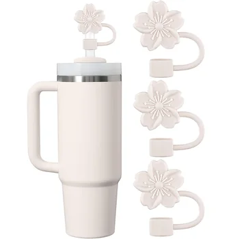 ストローカバーキャップ スタンレーカップ用 3 個ベゴニアフラワー防塵ストロートッパー 10 ミリメートル再利用可能なシリコンストローチップ蓋パーティーの装飾