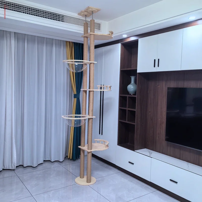 إطار تسلق القطط، عمود Tongtian مزدوج من الخشب الصلب المتكامل، منصة القفز على شكل شجرة القطط، لعبة القطط، مخالب الطحن