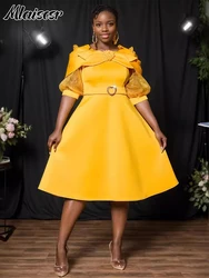 Mlaiscsr Luxury Wedding Guest Yellow Mid Dress for Women 3D Flower Mesh Half Sleeve Elegant Christmas Birthday Party Dinner Robe