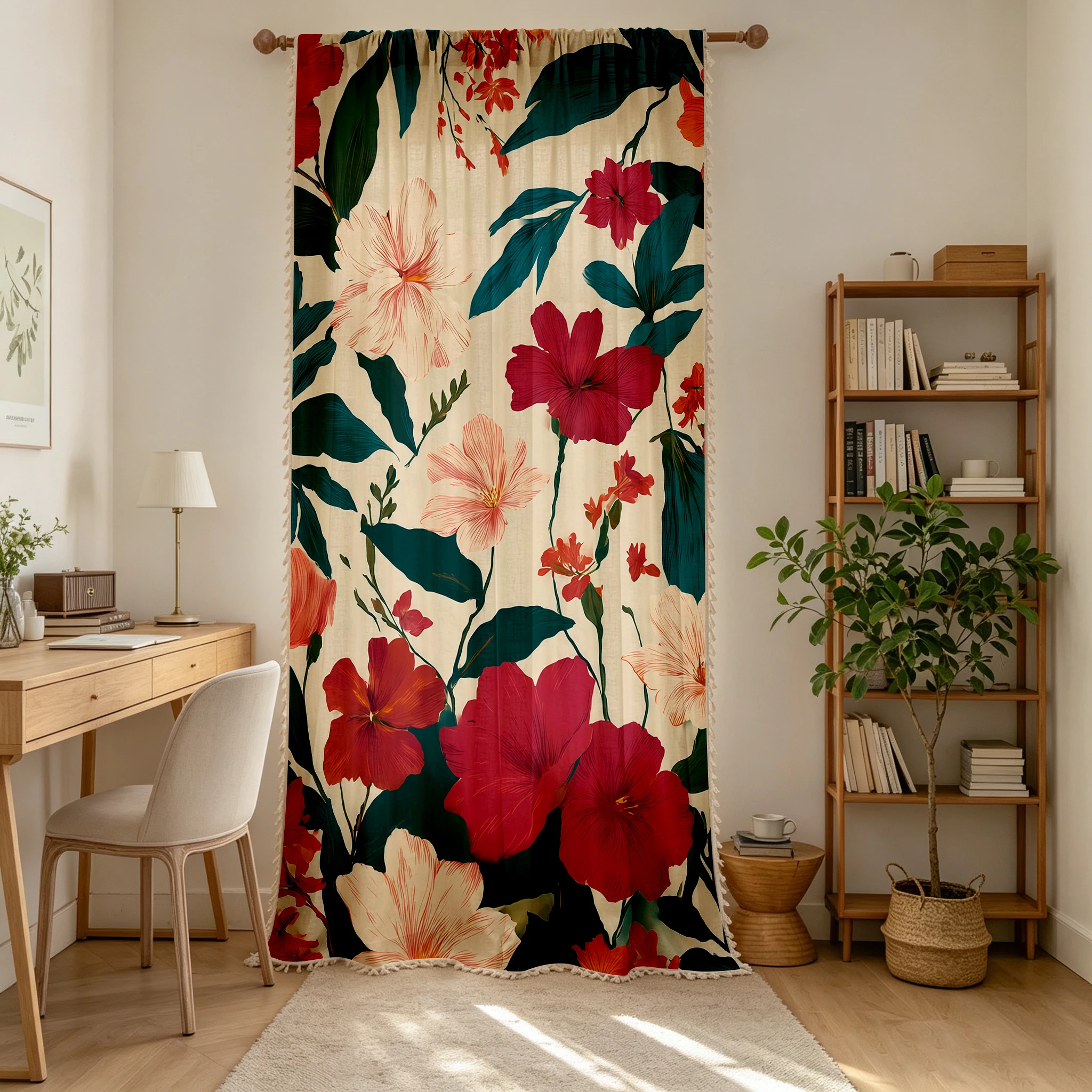 1PC Floral Tassel Sheer Curtains, Red Hibiscus Tropical, Digital Print, Linen Polyester, Bedroom Living Room, Home Decor