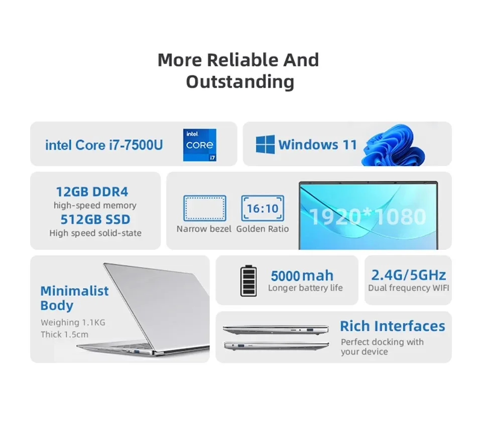 Portable 2025 Ultra Slim i7 Laptop Computer PC intel Core i7-7500U Laptops 12GB RAM 1TB 2TB SSD 14.1