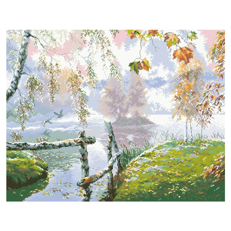 

Lakeside In Autumn Already Needlework Moring Maple Leaf Canvas Unprinted Handmade Embroidery Cross Stitch Kits DIY Home Decor
