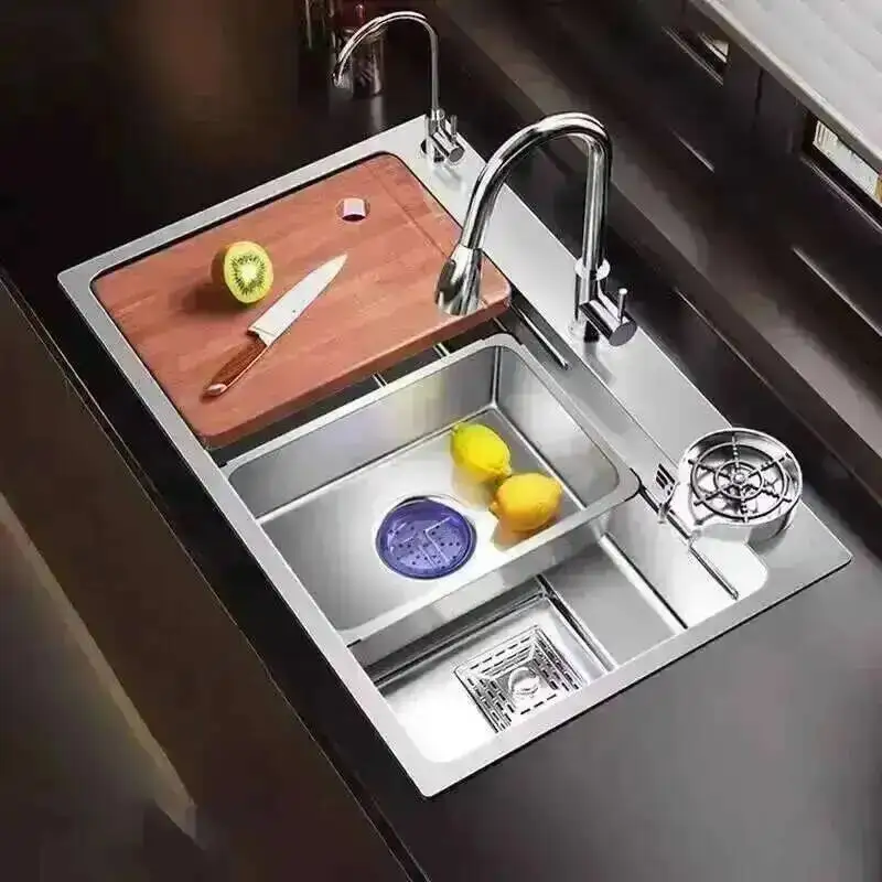 Kitchen Modern Silver Steel Stainless Sink for Three-hole Kitchen Sinks Creative Household Nano Sinks for Balcony