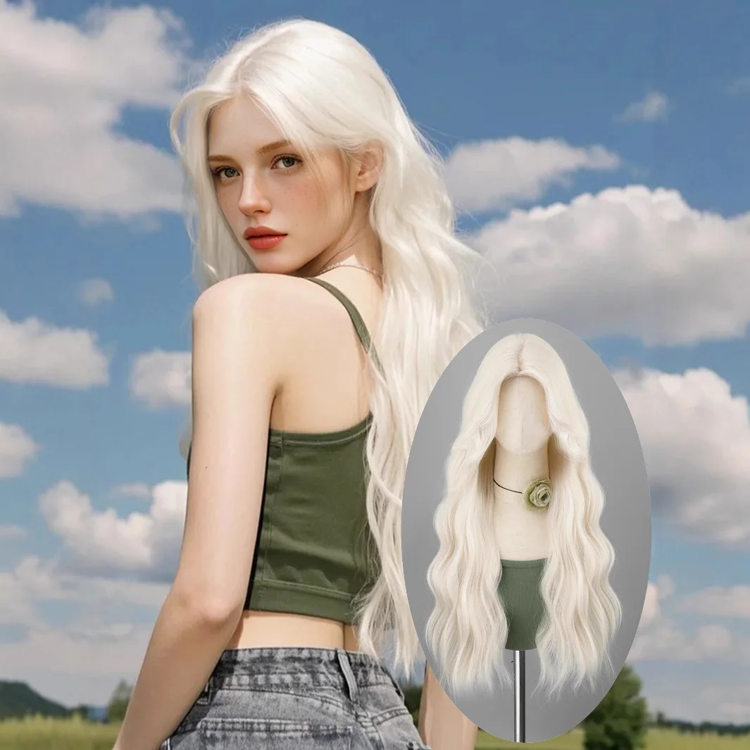 

Тот же длинный парик из прямых волос в Европе и США, имитация парика, головные уборы, длинные вьющиеся волосы, повседневная одежда, светлый цвет.