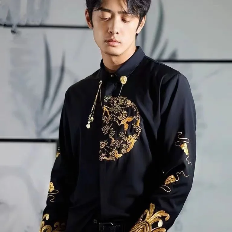 

Chinese Vintage Fashion Tops Long Sleeve Male Luxury 2025 Spring New Embroidered Crane Overcoat Men High End Slim Fit Shirt