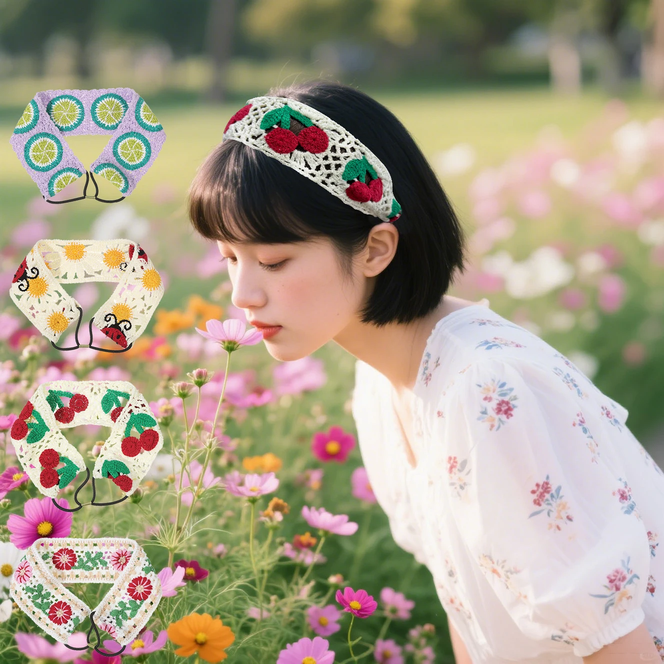 

AWAYTR Crochet Flower Pattern Handmade Floral Hollow Strip Headband Towel Sweet Cute Strap Hair Bag Headscarf