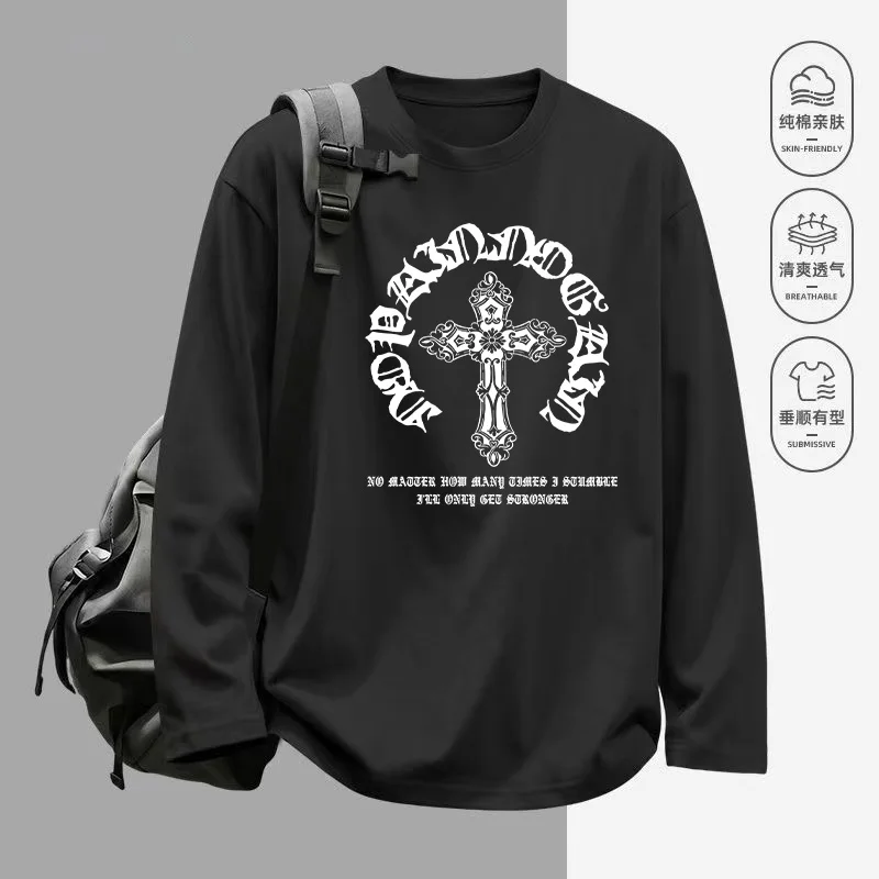 Herren Gothic Kreuzmuster Bedrucktes Langarm-T-Shirt aus 100% Baumwolle (230g) mit Rundhalsausschnitt, Lässiger Streetwear-Hoodie – Detail 2