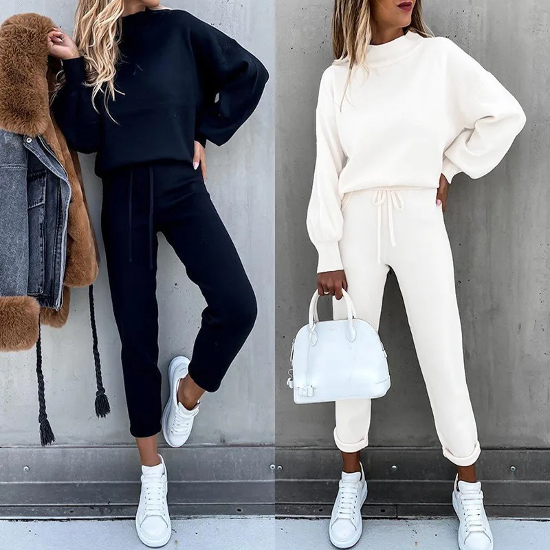 Spring Autumn Women\'s Clothing Set Female Solid Color Casual O-neck Collar Sweatshirt+ Drawstring Pants Lady\'s Two-piece Set