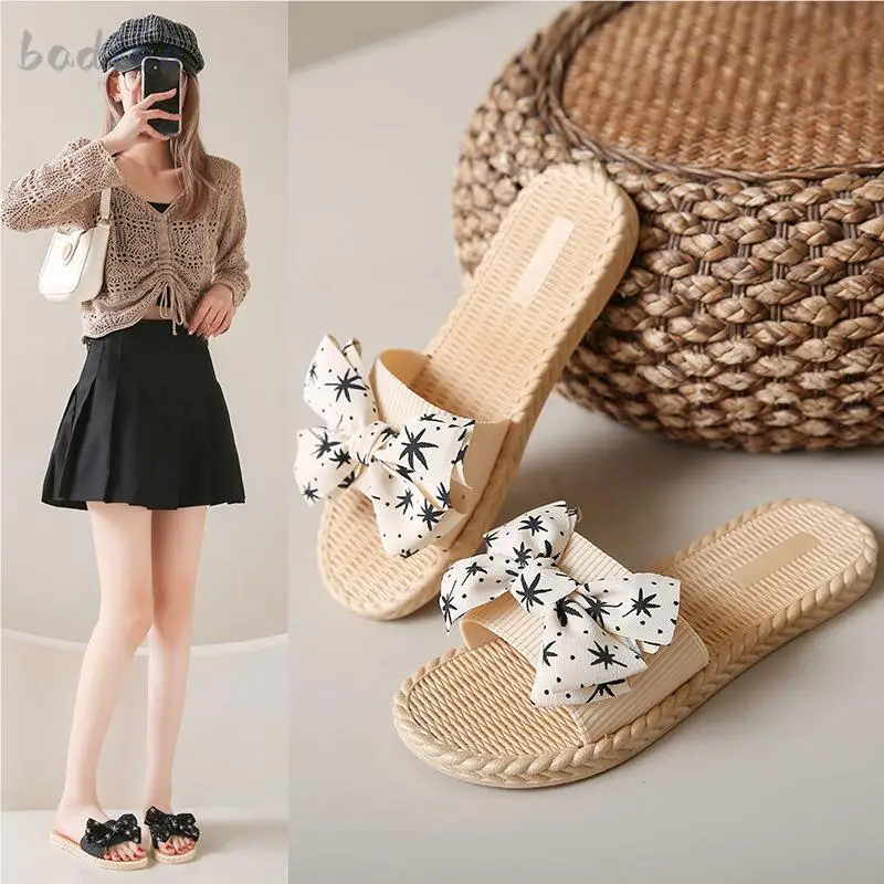 Butterfly bow sandals 2024 new women's summer outdoor fashion trend versatile flat bottomed beach shoes