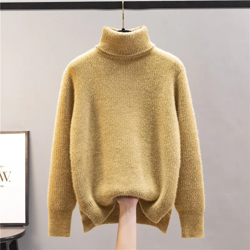 Winter Turtleneck Imitation Mink Thicken Sweater Women Casual Warm Plush Lining Knit Tops Add Velvet Bottomed Blue Pullover 2022