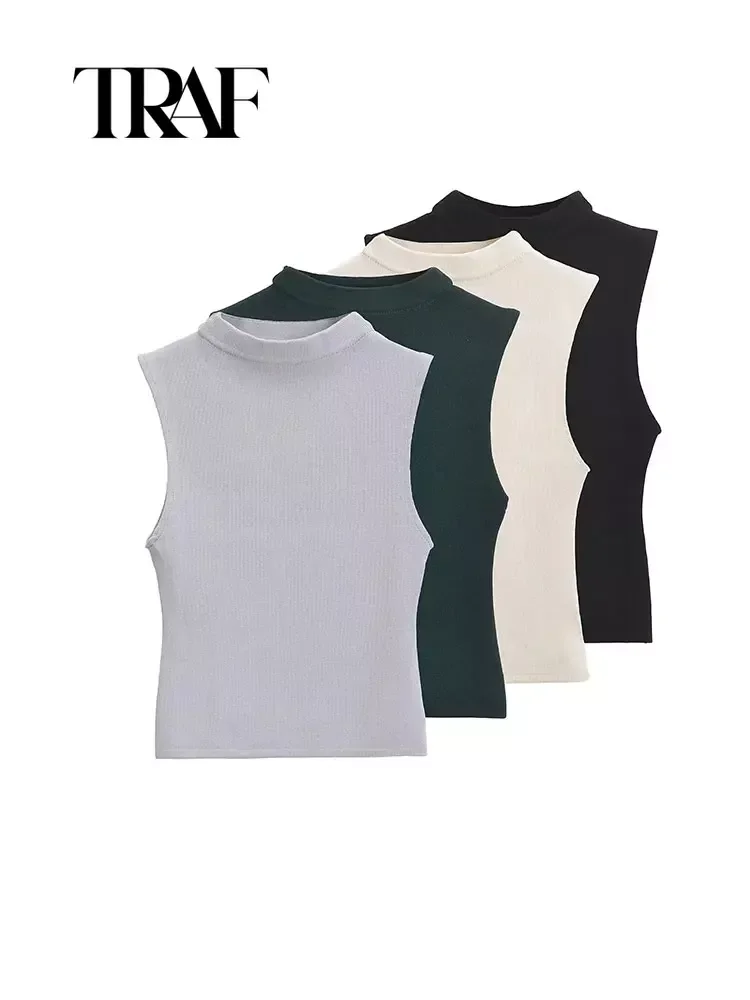 TRAF Spring Summer Fashion Women Half High Collar Sleeveless Top Casual Slim Solid Blouses