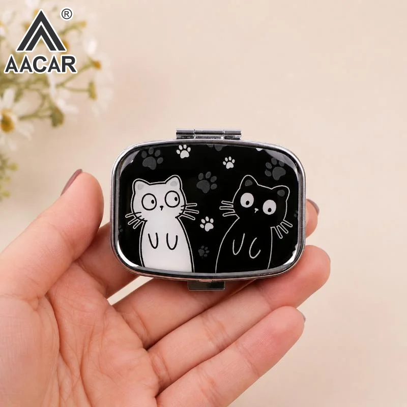 Cartoon Black & White Cat Travel Pill Organizer Pocket Portable Pill Storage Case Small Box For Tablets Container For Medicines