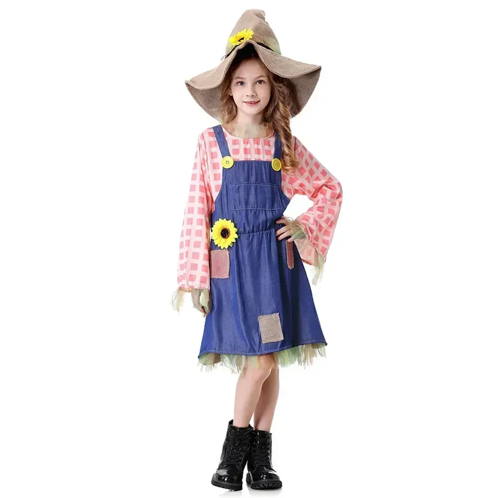 

New Halloween Cosplay Costume Parent-child Outfit Pioneer Girl Costume Colonial Dress Kids Floral Village Girl Costumes With Hat