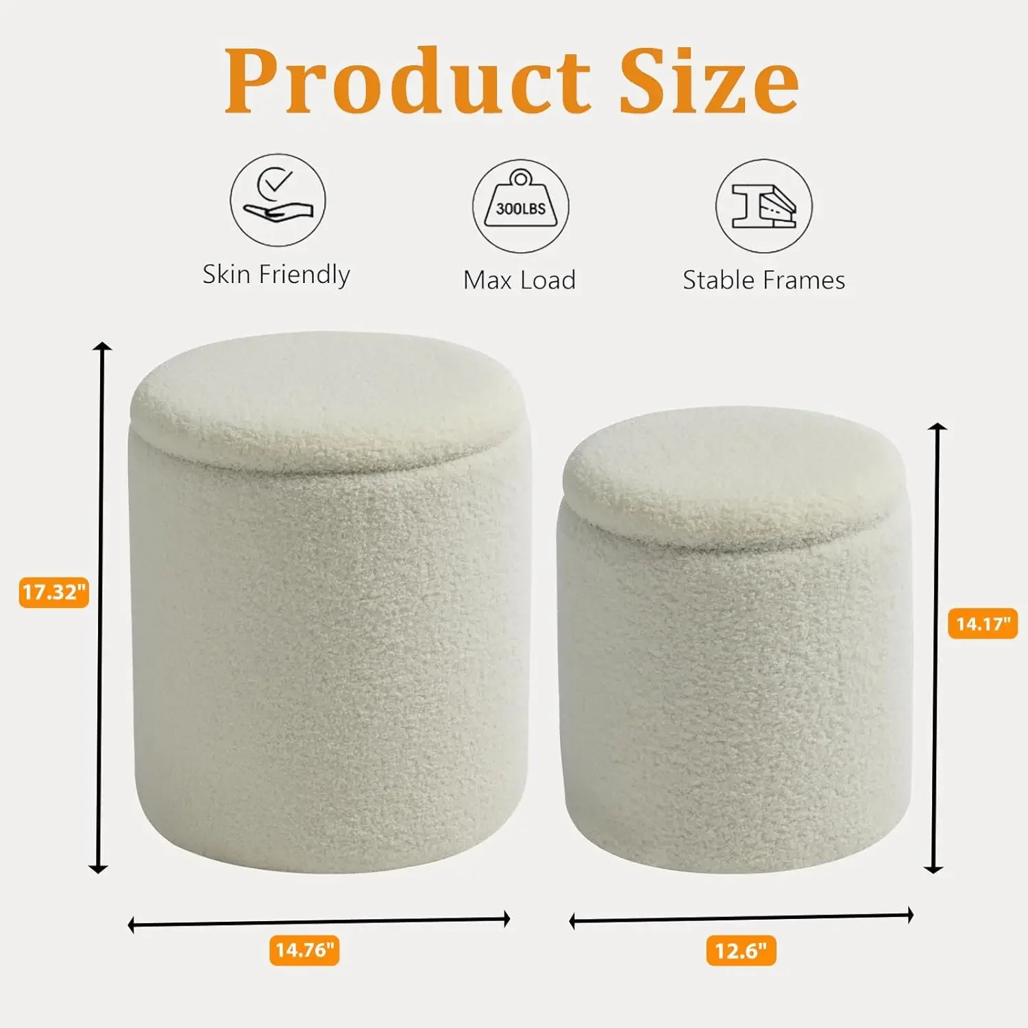 Round Set of 2 Ottoman with Storage Sherpa Storage Ottoman Chair Makeup Vanity Stool Chair Multifunctional for Living Room, Bedr