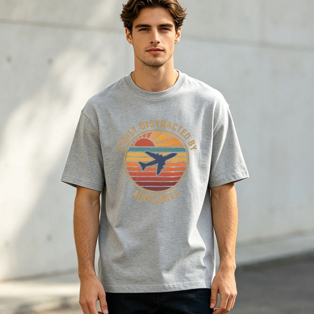 Funny Pilot Gift T-Shirt Easily Distracted By Airplanes Vintage Sunset Tee Casual Airplane Lover Print Top for Men Cotton Shirt