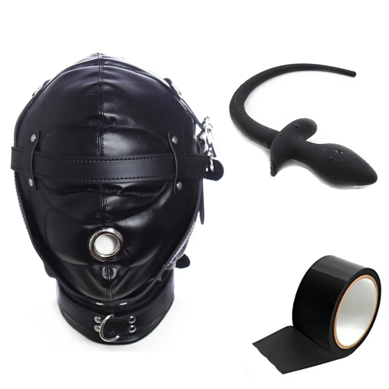 Puppy Play Fantasy Bondage Kit, Dog Tail Anal Plug, Sensory Deprivation Hood, Electrostatic Tape, Adult Games Slave Role Play