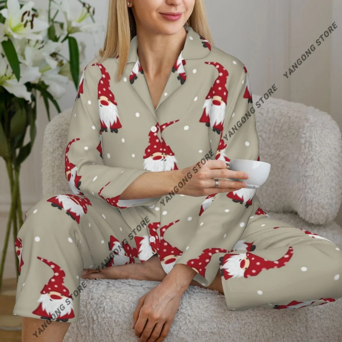 

Женские пижамы с длинными рукавами, домашняя одежда для девочек, комплект из двух предметов, дизайнерские пижамы с рождественскими гномами на осень-весну