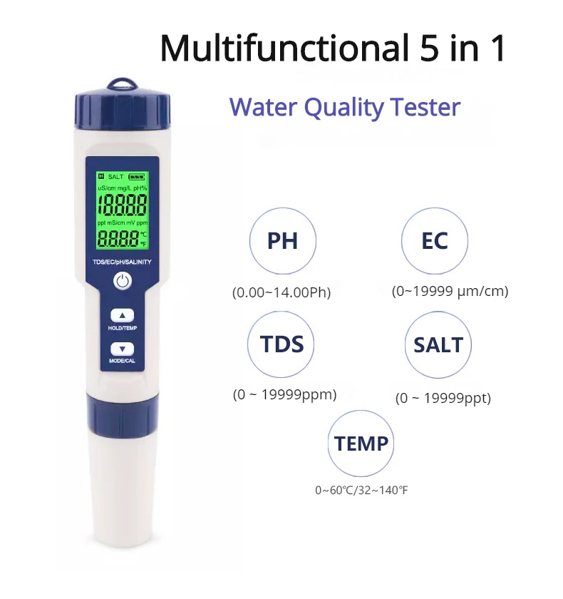 

2022 New PH Meter 5 In 1 TDS/Temp/Salinity Tester Water Quality Tester Pen Conductivity Detector Monitor Purity Measure Tools