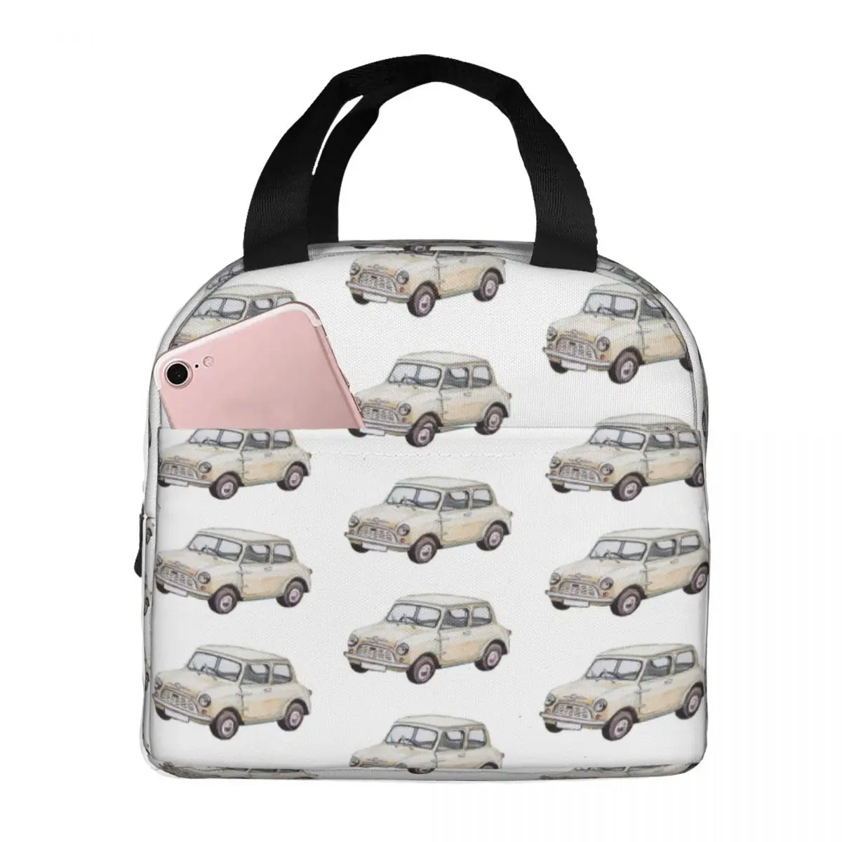 Classic White Mini Cooper In Watercolor Style Lunch Bag Insulated Bento Box Lunch Tote Picnic Bag Thermal Bag for Woman Children