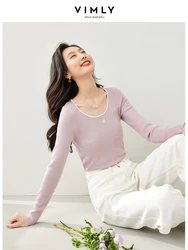 Vimly Women Knit Tops 2024 Spring New Knitwear Letter Embroidery Basic Tees High Strecth Slim Fit Women's Long Sleeve Top 72975