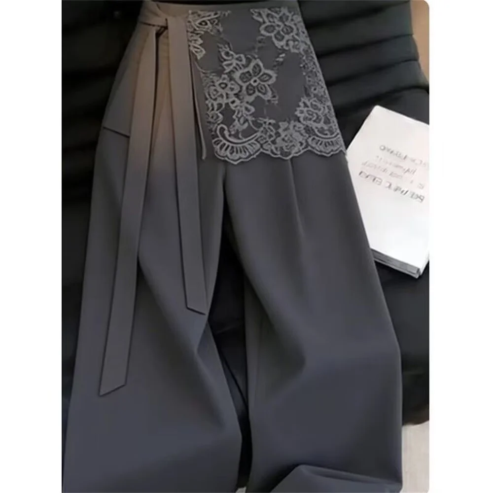 Korean Fashion Black Gray Office Lace Skirts Pants Women Summer Casual Slim Elegant Loose Elastic Waist Long Blazer Trousers