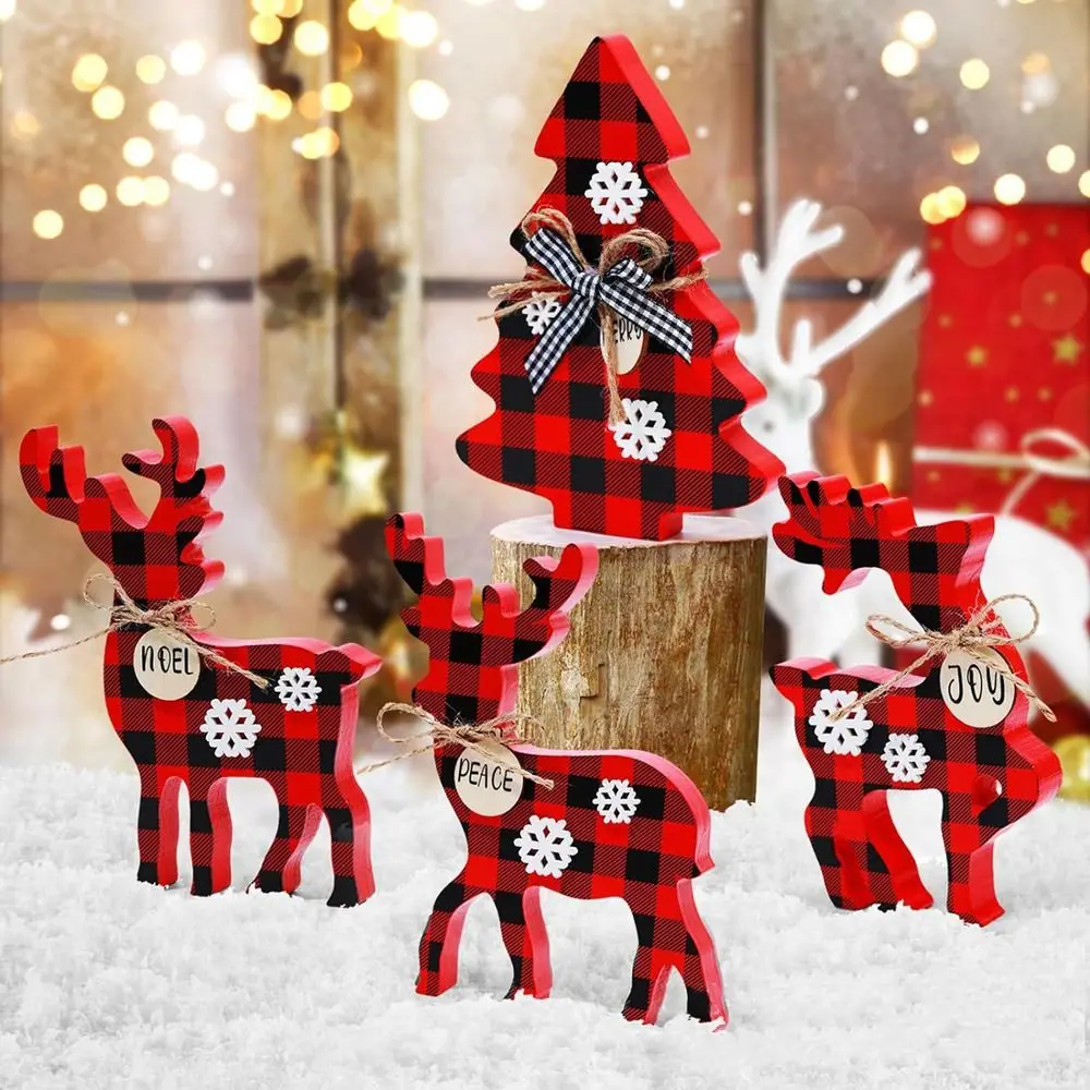 

4Pcs Cute Wooden Christmas Deer Ornament Decorative 3D Snowflake Reindeer Decorations Exquisite Christmas Crafts for Desktop