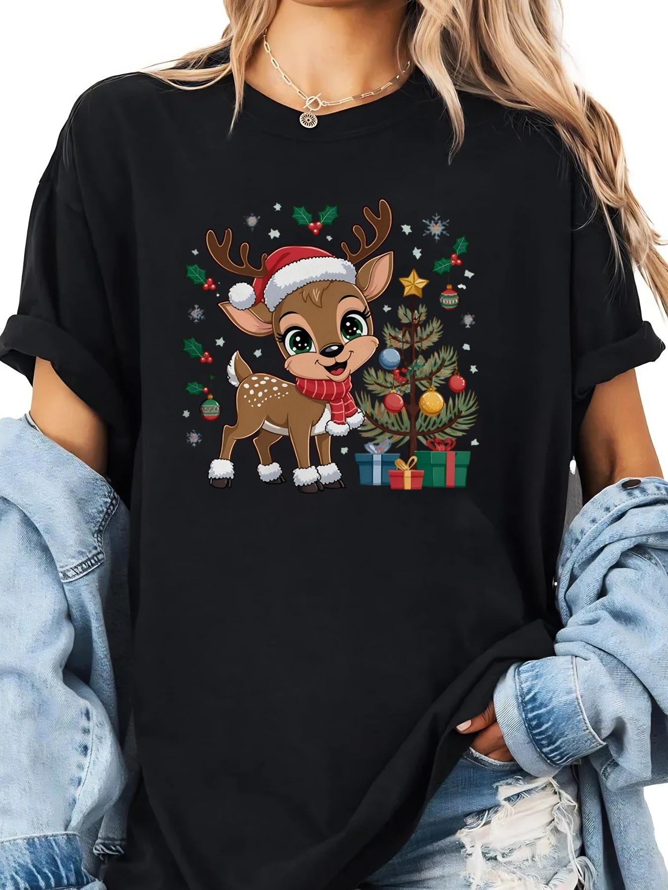 Christmas Nativity Scene With Bow And Bible Verse T-Shirt Christmas Women's Casual Wear For Holiday Season Black Plus-size