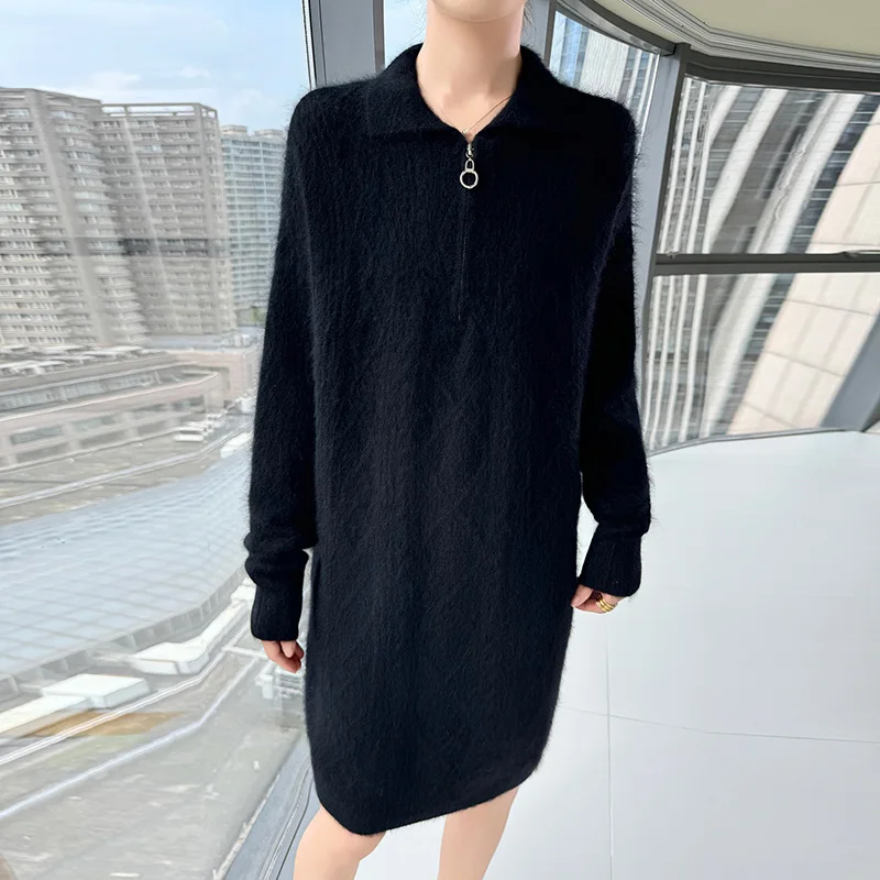 Outono e inverno saia de lã de vison senhoras lapela cor sólida zíper malha torcido pulôver solto casaco de fundo