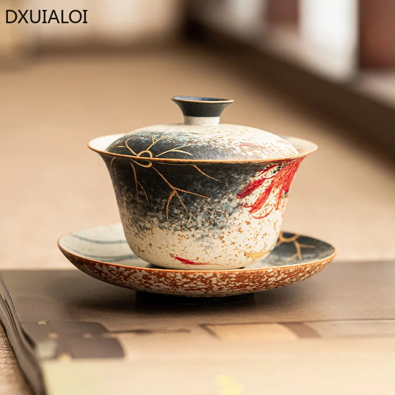 

1pcs San Cai Gai Bowl Hand drawn Lotus Rhyme Tea Bowl Ceramic Kung Fu Tea Set teacup 180ml