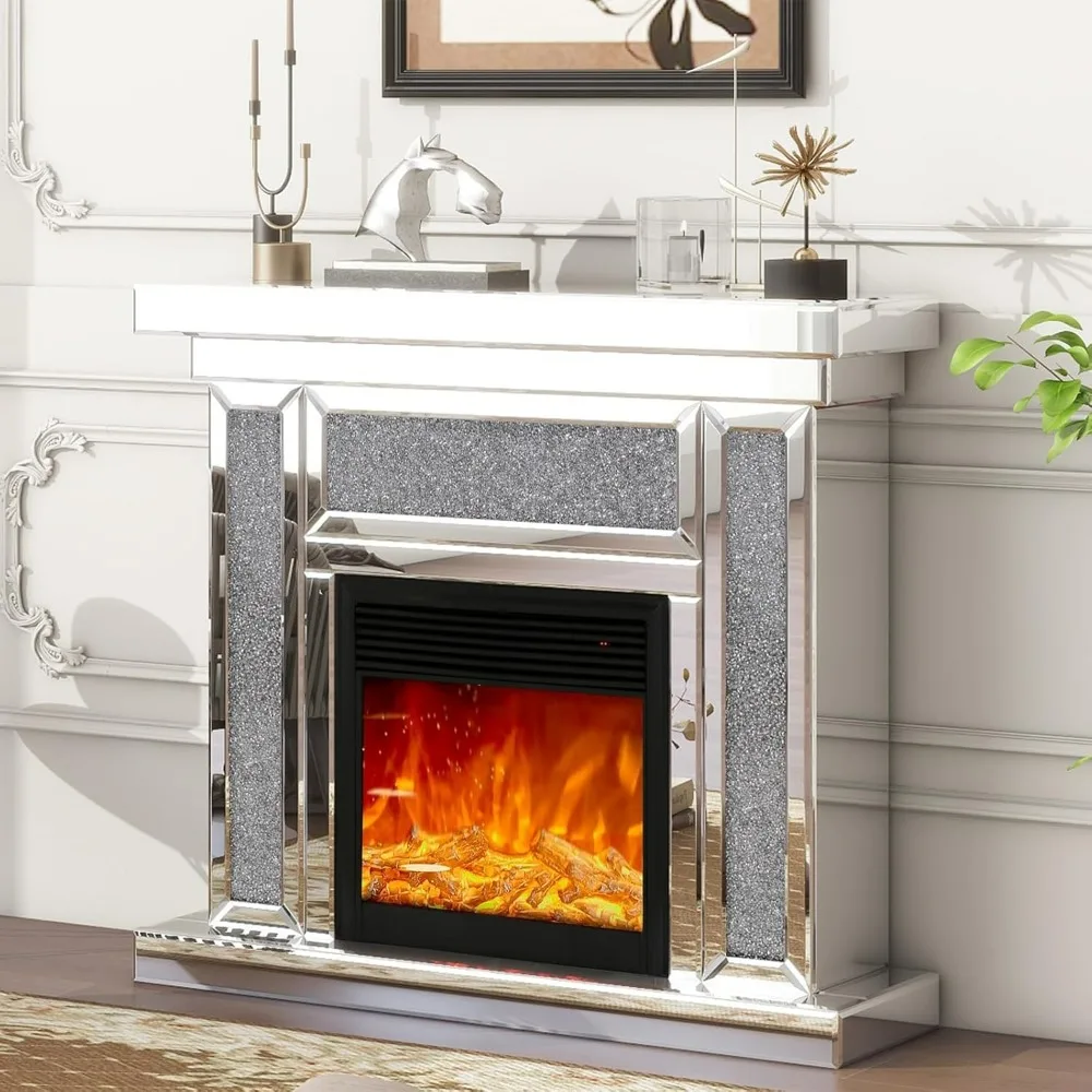 Mirrored Electric Fireplace TV Stand, Faux Fireplace Mantel Freestanding Firebox with 3D Realistic Flame 7 Colors, Fireplaces