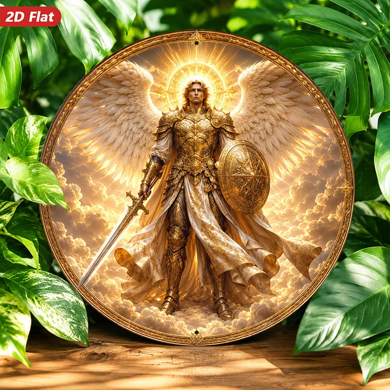 2D Flat, 1pc Round Metal Sign Wall Art, Angelic Warrior Home Decor, Golden Armor, Large Wings, Celestial Aura, Divine Style, for