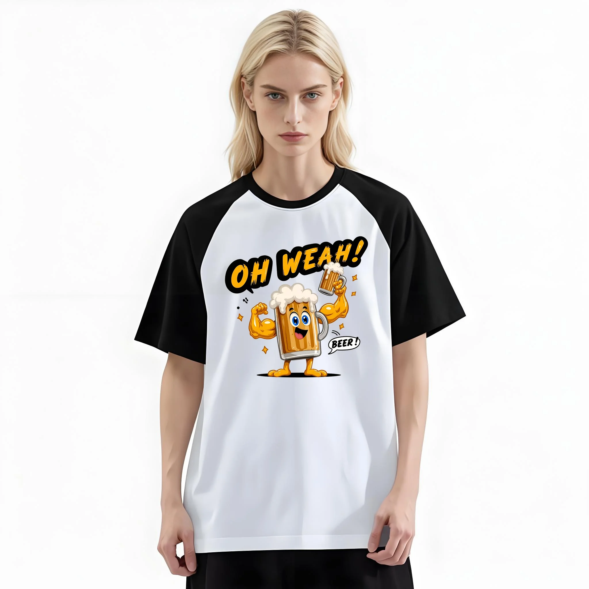 Women'S Fashion Raglan Sleeve T-Shirt, Oh Weah Strong Beer Mug Muscle Cartoon Funny Party Printed, Summer Casual Comfortable Tee, Women'S Everyday Short-Sleeve Top