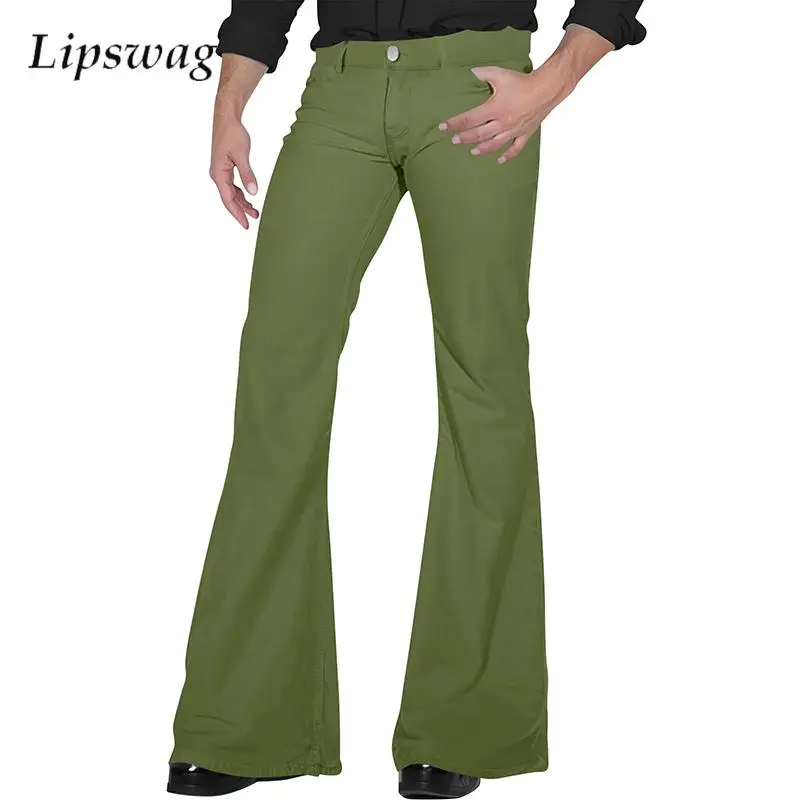 Hippie Style Slim Fit Elastic Flared Pants For Mens 2025 Spring Casual Solid Color Wide Leg Trousers Men Vintage Flared Trousers