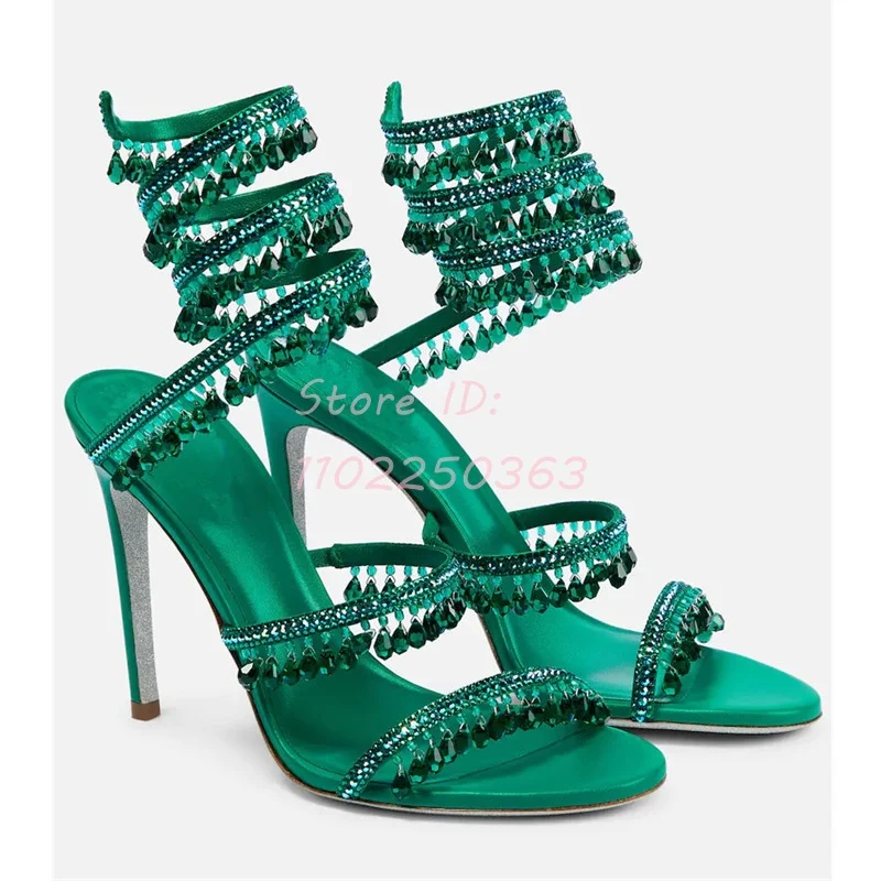 Snake-shaped Crystal Tassel Stiletto Sandals Open-toed Winding Pendant Thin High Heeled Roman Sandals Women Sexy Shoes 2024