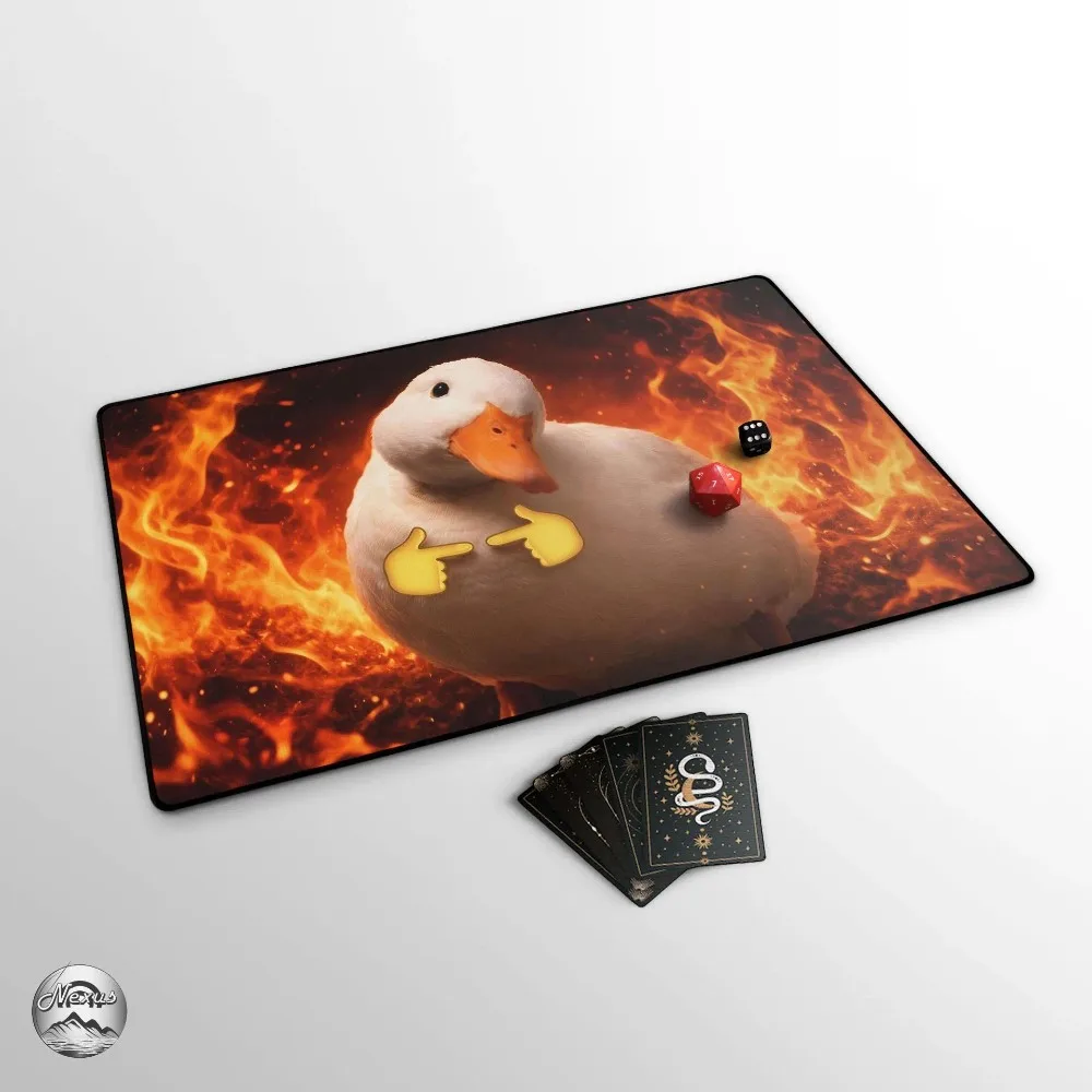 Funny Duck TCG Playmat With EDH Commander Card Zones, Cute Duck & Fire, TCG Gag Gift, Large Extended Play Mat, Evil? Duck