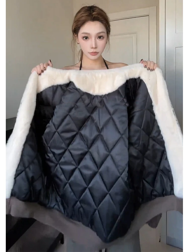 

Lamb Velvet Collar PU Leather Cotton Jaet Thiened Warm ort Sle Zipper Closure Casual Winter Coat for Men American Dyed