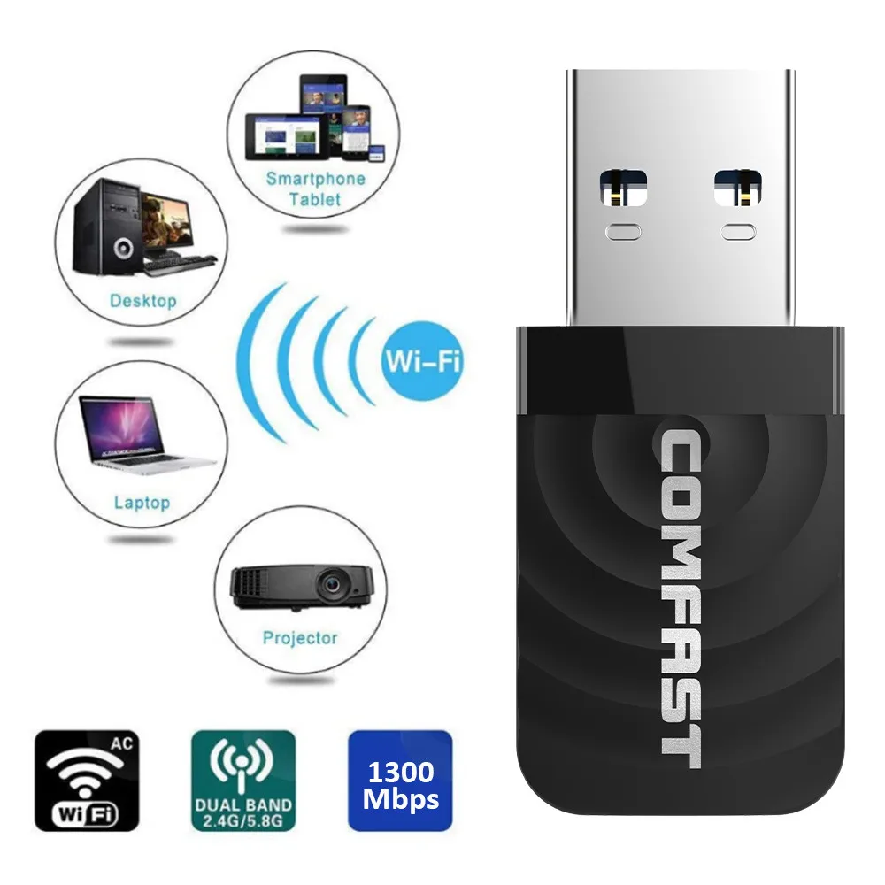 デュアルバンドワイヤレスWifiアダプター,USB 3.0, 1300mbps,802.11ac,2.4g,5ghz,pc,ラップトップ,デスクトップ,アンテナ,wifiレシーバー用ネットワークカード