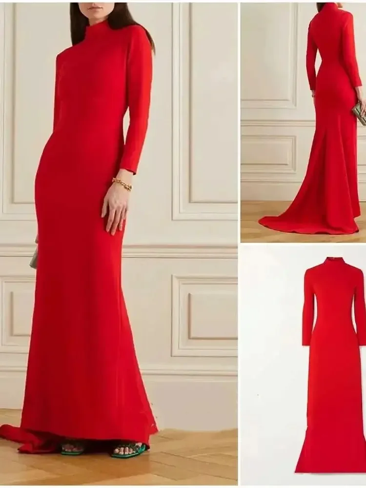 Red Evening Dress Full Sleeves For Wedding Party Formal Evening High Neck Party Dress Graduation Ceremony Prom Dress