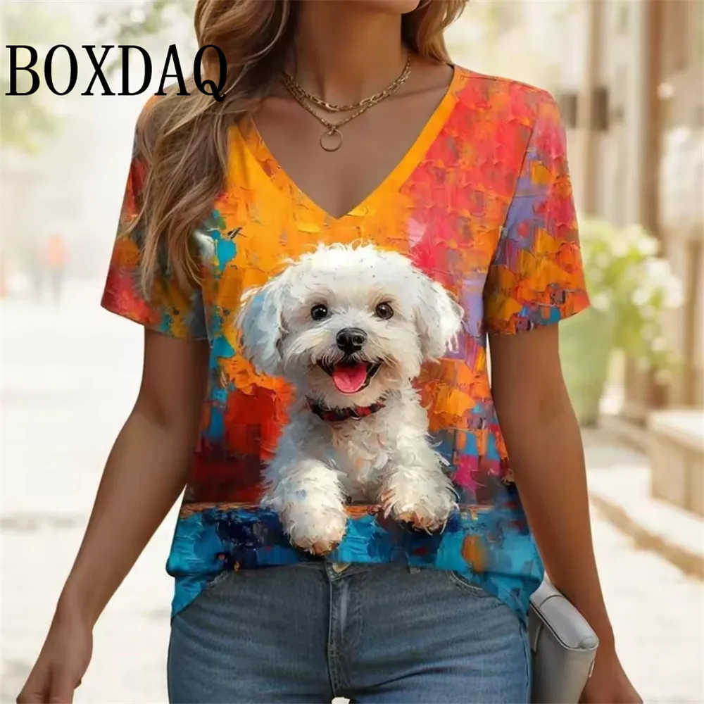 

Cartoon T-shirt Women's Short Sleeve Summer Outdoor Casual V-Neck Short Sleeve Tops Oil Painting Puppy Print Plus Size Clothing